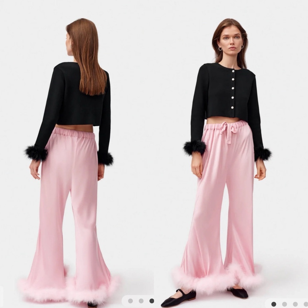 Sleeper Pink Satin Feather-Trim Pajama Pants